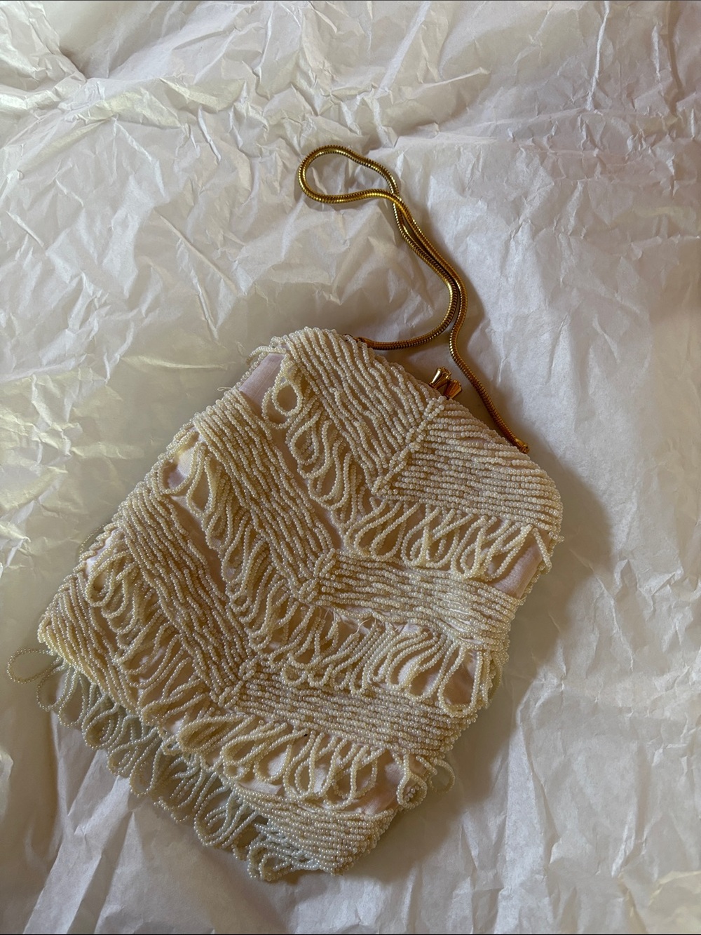Vintage Beaded Fringe Evening Bag in Ivory